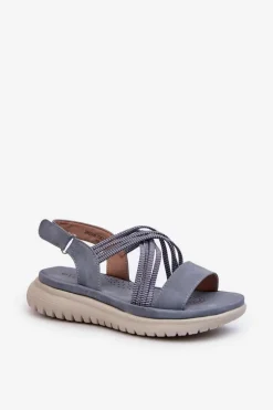 Lekkie Damskie Wygodne Sandały Na Rzep Niebieskie Ceclea
