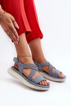 Lekkie Damskie Wygodne Sandały Na Rzep Niebieskie Ceclea