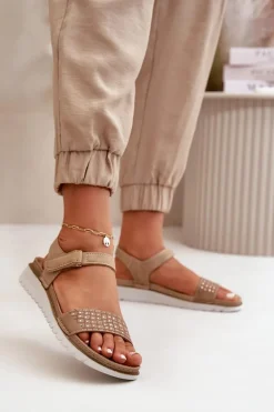 Lekkie I Wygodne Zdobione Sandały Damskie Na Rzep Ciemnobeżowe Inblu CN000039