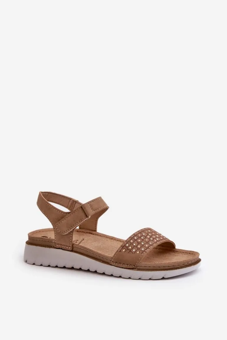 Lekkie I Wygodne Zdobione Sandały Damskie Na Rzep Ciemnobeżowe Inblu CN000039