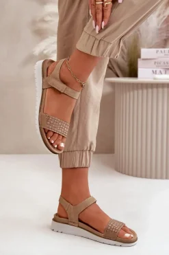 Lekkie I Wygodne Zdobione Sandały Damskie Na Rzep Ciemnobeżowe Inblu CN000039