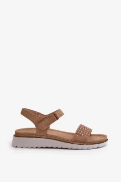 Lekkie I Wygodne Zdobione Sandały Damskie Na Rzep Ciemnobeżowe Inblu CN000039