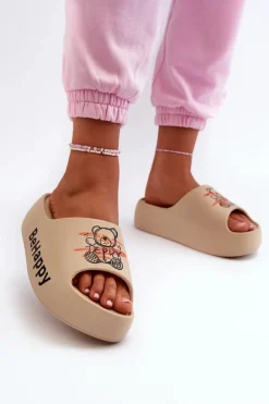 Lekkie Klapki Damskie Na Grubej Podeszwie Z Misiem Piankowe Ciemnobeżowe Serefina