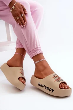 Lekkie Klapki Damskie Na Grubej Podeszwie Z Misiem Piankowe Ciemnobeżowe Serefina