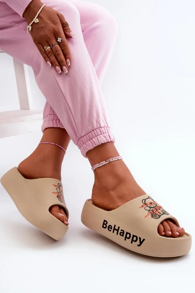 Lekkie Klapki Damskie Na Grubej Podeszwie Z Misiem Piankowe Ciemnobeżowe Serefina