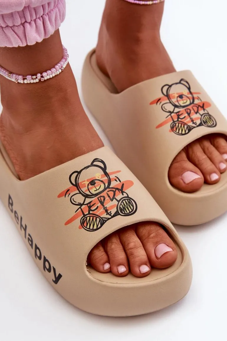 Lekkie Klapki Damskie Na Grubej Podeszwie Z Misiem Piankowe Ciemnobeżowe Serefina