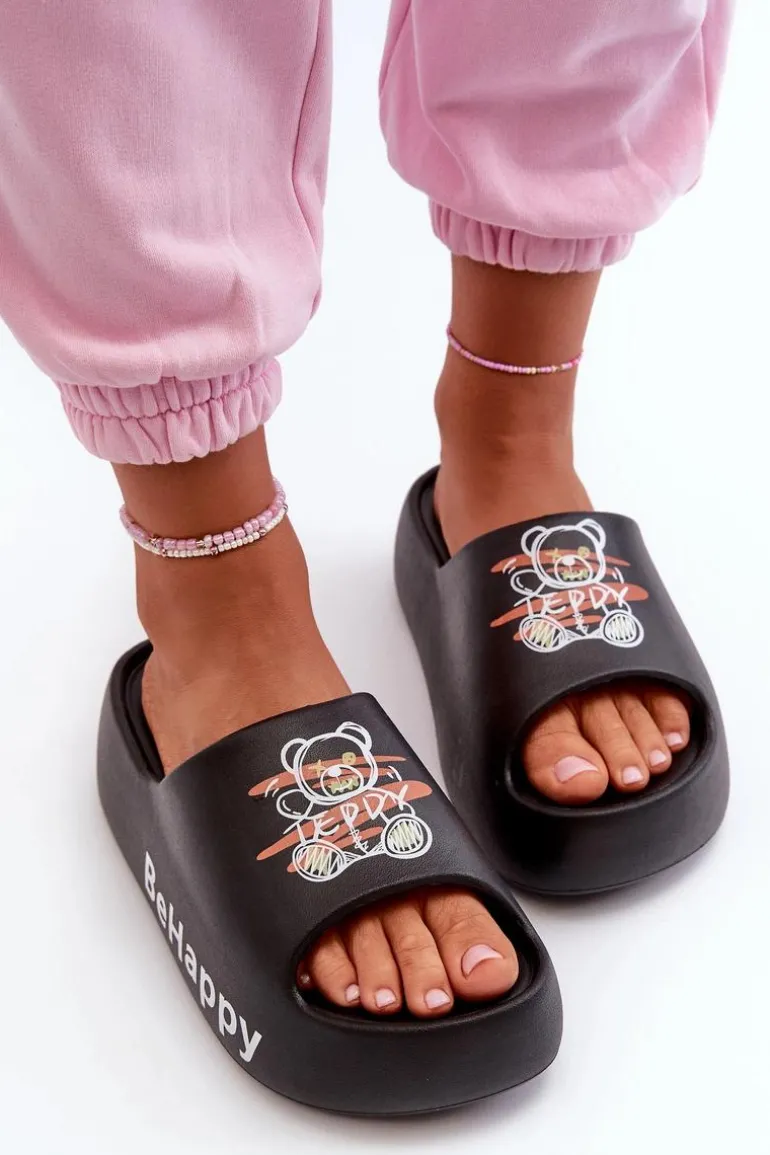 Lekkie Klapki Damskie Na Grubej Podeszwie Z Misiem Piankowe Czarne Serefina