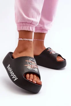 Lekkie Klapki Damskie Na Grubej Podeszwie Z Misiem Piankowe Czarne Serefina