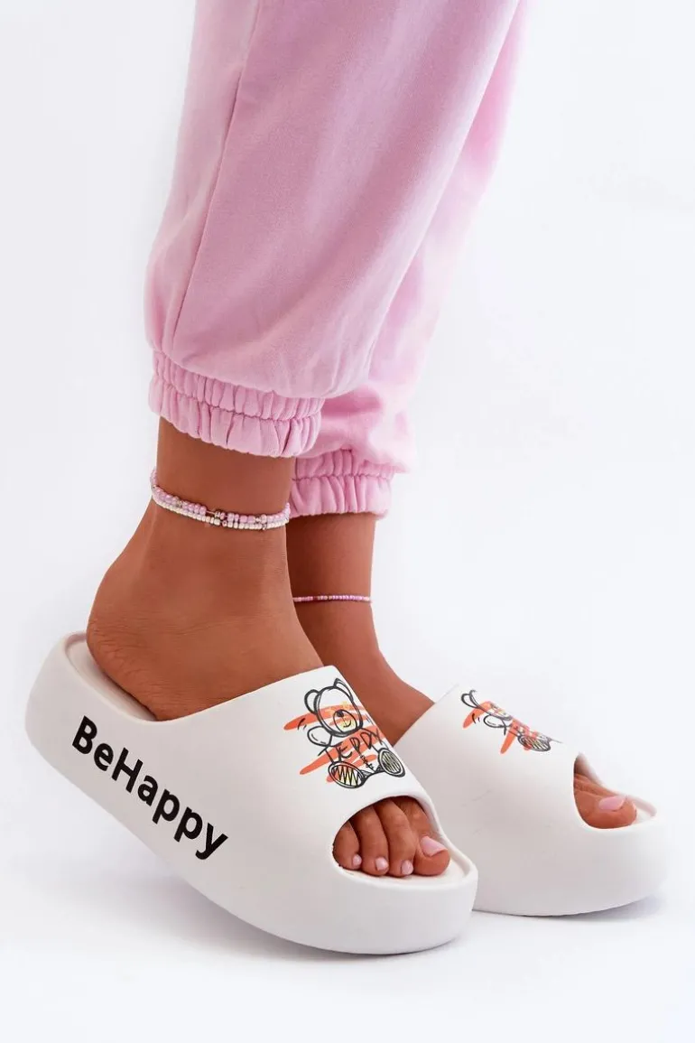 Lekkie Klapki Damskie Na Grubej Podeszwie Z Misiem Piankowe Białe Serefina