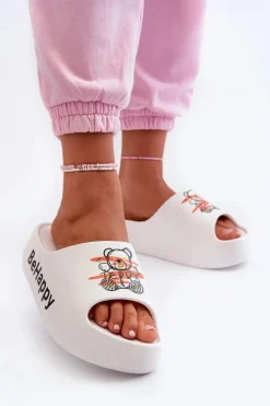 Lekkie Klapki Damskie Na Grubej Podeszwie Z Misiem Piankowe Białe Serefina