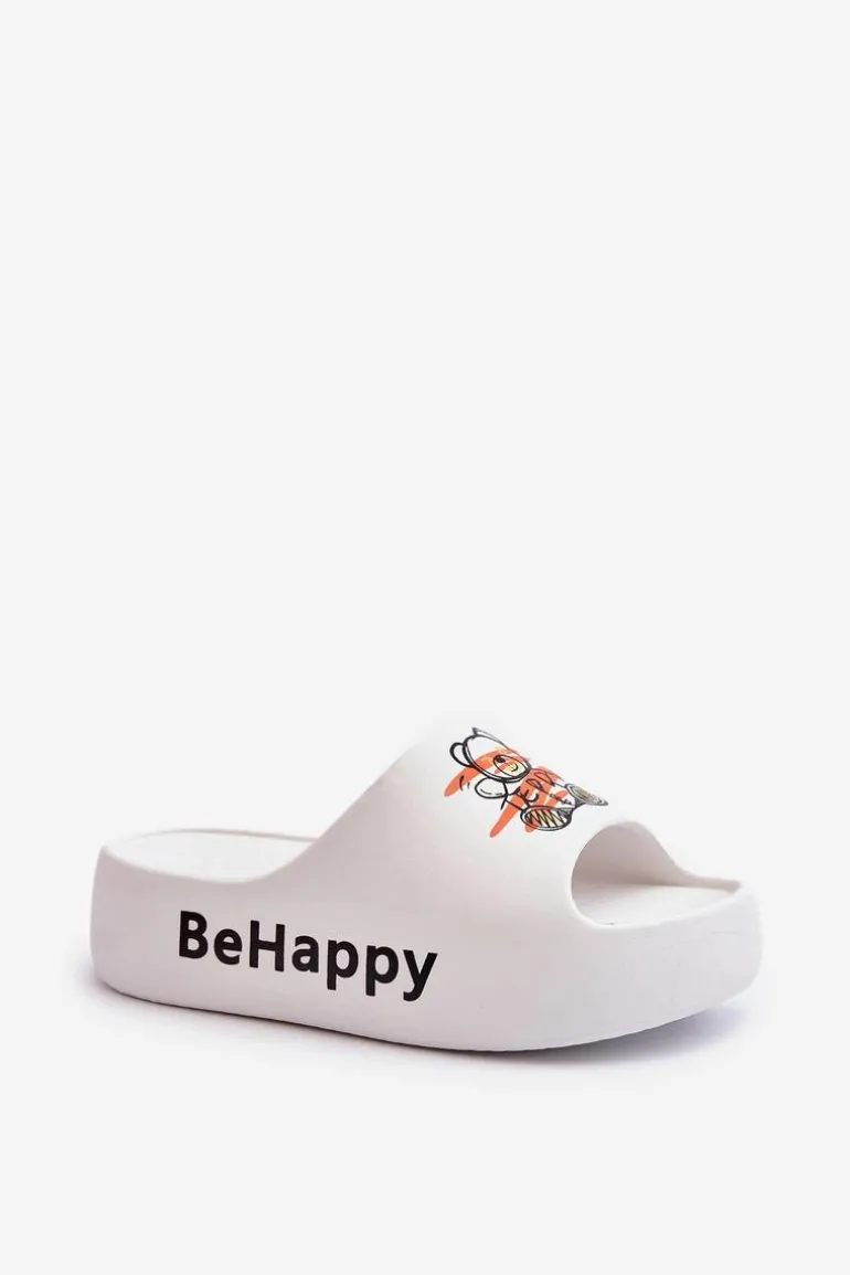 Lekkie Klapki Damskie Na Grubej Podeszwie Z Misiem Piankowe Białe Serefina