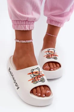 Lekkie Klapki Damskie Na Grubej Podeszwie Z Misiem Piankowe Białe Serefina