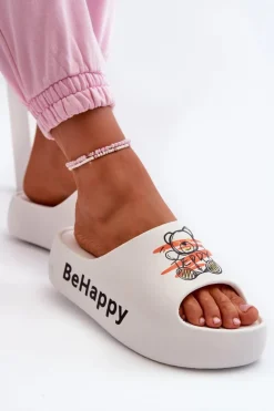 Lekkie Klapki Damskie Na Grubej Podeszwie Z Misiem Piankowe Białe Serefina