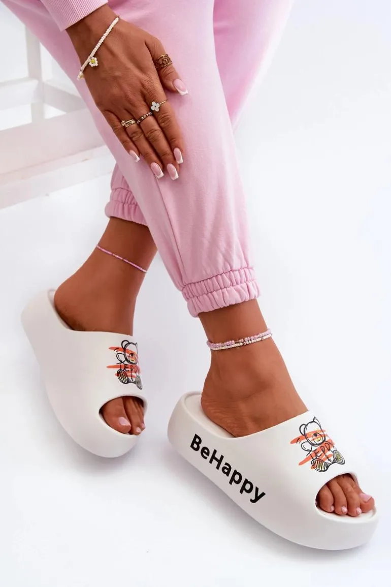 Lekkie Klapki Damskie Na Grubej Podeszwie Z Misiem Piankowe Białe Serefina