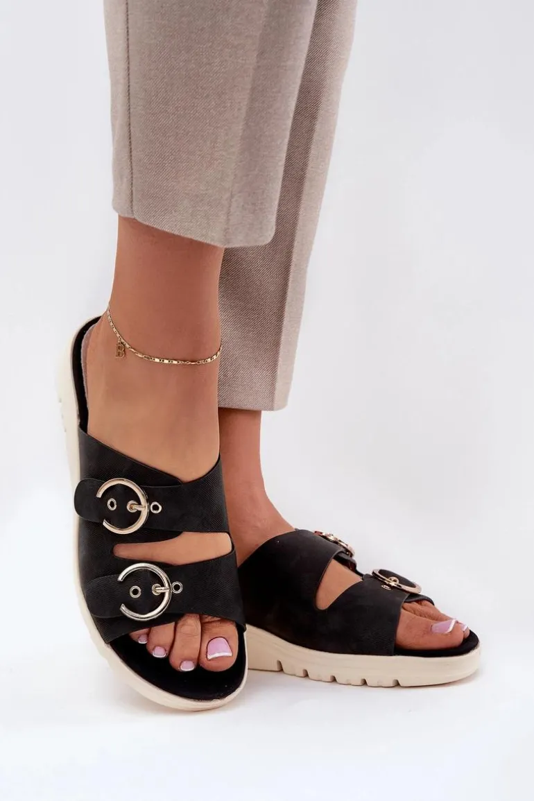 Lekkie Klapki Damskie Na Koturnie Z Klamrami Czarne Hellexia