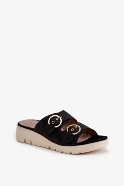 Lekkie Klapki Damskie Na Koturnie Z Klamrami Czarne Hellexia