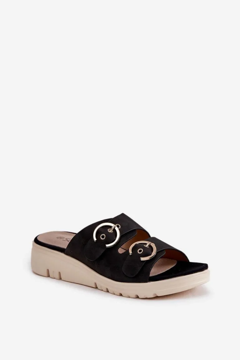 Lekkie Klapki Damskie Na Koturnie Z Klamrami Czarne Hellexia