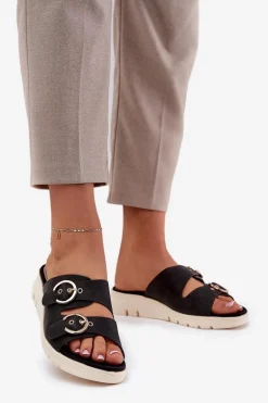 Lekkie Klapki Damskie Na Koturnie Z Klamrami Czarne Hellexia