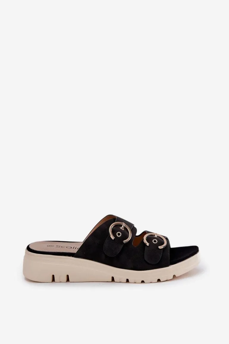 Lekkie Klapki Damskie Na Koturnie Z Klamrami Czarne Hellexia