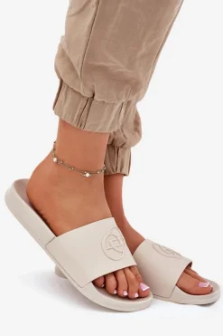 Lekkie Klapki Damskie Z Ozdobnym Tłoczeniem Beżowe Isarisa