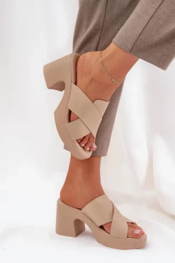 Lekkie Klapki Na Słupku Z Eko Skóry Jasnobeżowe Kacaria