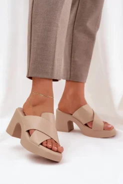 Lekkie Klapki Na Słupku Z Eko Skóry Jasnobeżowe Kacaria