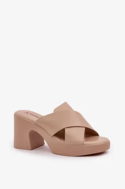 Lekkie Klapki Na Słupku Z Eko Skóry Jasnobeżowe Kacaria