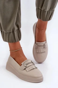 Lekkie Mokasyny Damskie Skórzane Na Platformie Beżowe S.Barski LR590