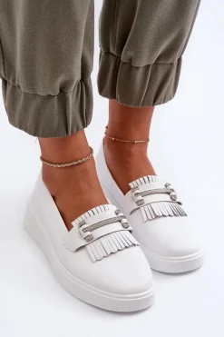 Lekkie Mokasyny Damskie Skórzane Na Platformie Białe S.Barski LR590
