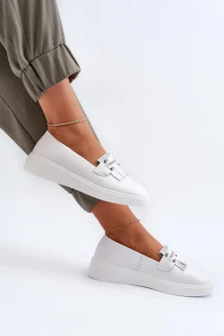 Lekkie Mokasyny Damskie Skórzane Na Platformie Białe S.Barski LR590