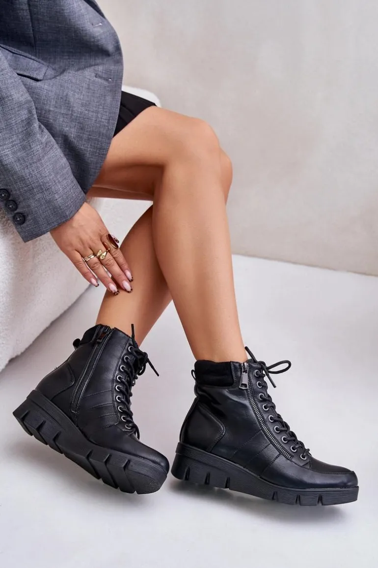 Lekkie Ocieplane Botki Damskie Na Platformie I Koturnie Czarne Savindria