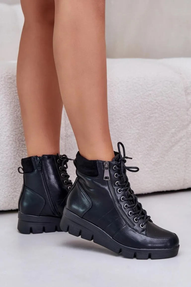 Lekkie Ocieplane Botki Damskie Na Platformie I Koturnie Czarne Savindria