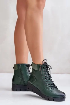 Lekkie Ocieplane Botki Damskie Na Platformie I Koturnie Ciemnozielone Savindria