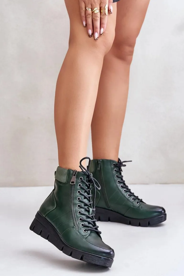 Lekkie Ocieplane Botki Damskie Na Platformie I Koturnie Ciemnozielone Savindria
