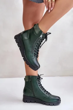 Lekkie Ocieplane Botki Damskie Na Platformie I Koturnie Ciemnozielone Savindria