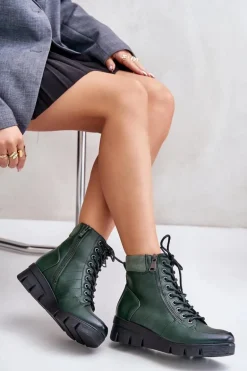 Lekkie Ocieplane Botki Damskie Na Platformie I Koturnie Ciemnozielone Savindria