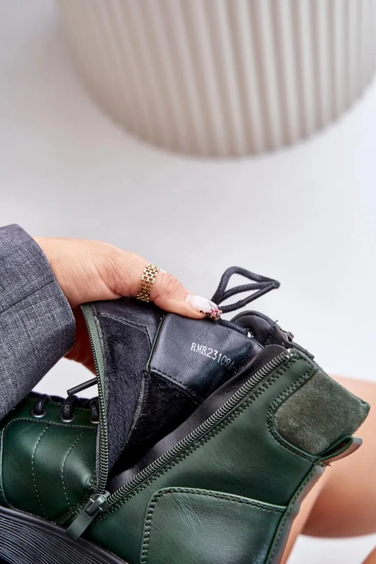 Lekkie Ocieplane Botki Damskie Na Platformie I Koturnie Ciemnozielone Savindria