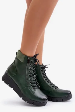 Lekkie Ocieplane Botki Damskie Na Platformie I Koturnie Ciemnozielone Savindria