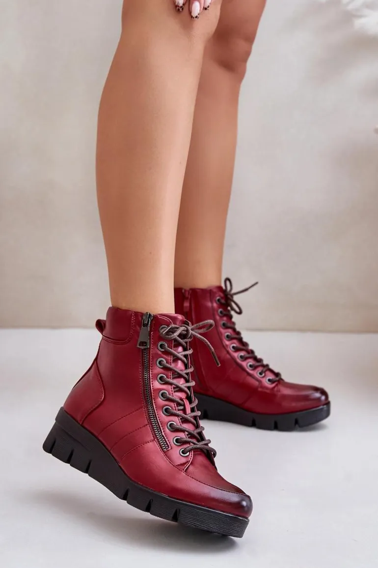 Lekkie Ocieplane Botki Damskie Na Platformie I Koturnie Bordowe Savindria