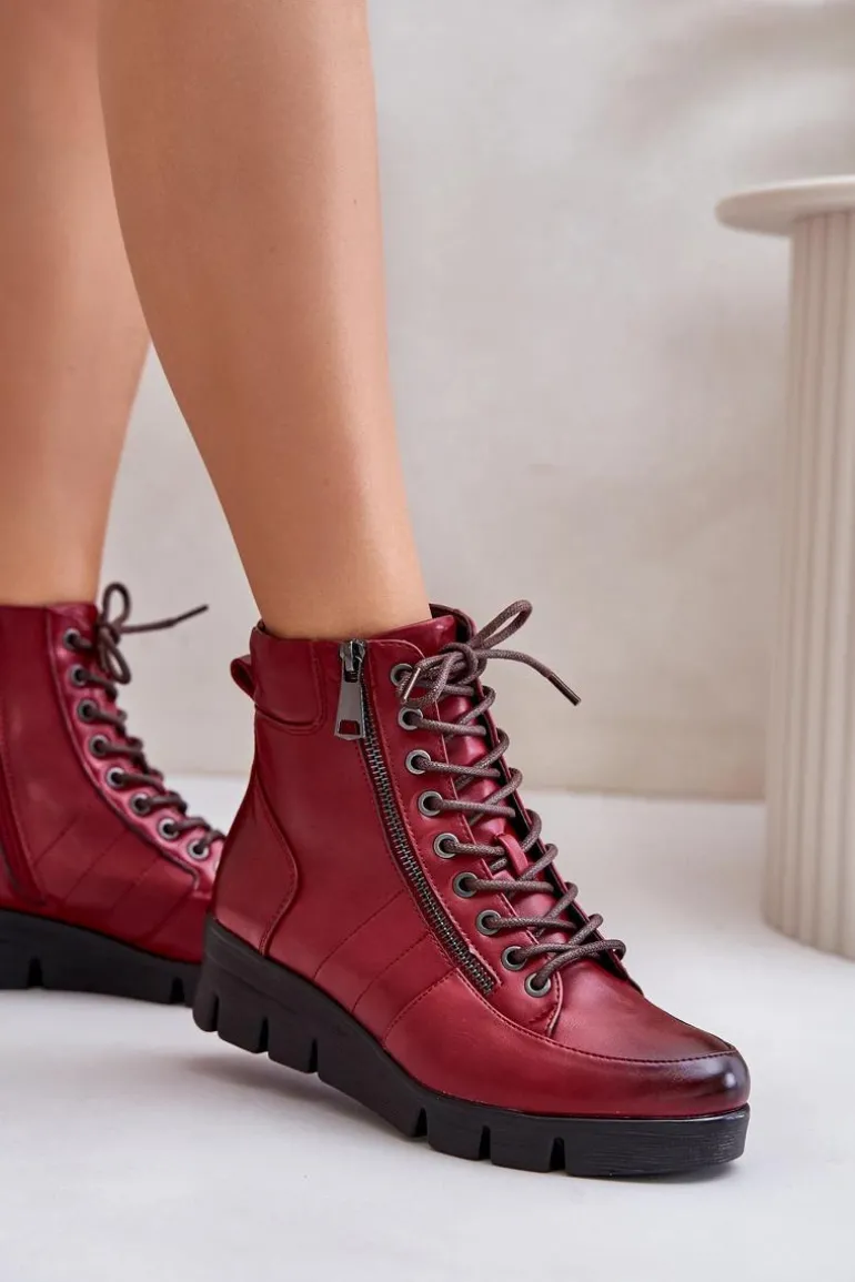 Lekkie Ocieplane Botki Damskie Na Platformie I Koturnie Bordowe Savindria