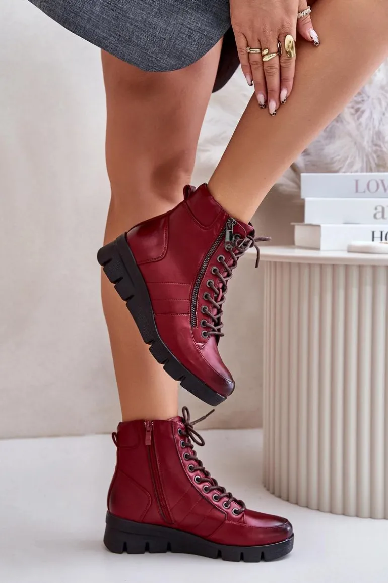Lekkie Ocieplane Botki Damskie Na Platformie I Koturnie Bordowe Savindria
