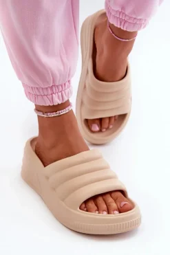 Lekkie Piankowe Klapki Damskie Na Koturnie I Platformie Beżowe Tendrea