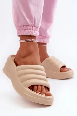 Lekkie Piankowe Klapki Damskie Na Koturnie I Platformie Beżowe Tendrea