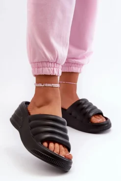 Lekkie Piankowe Klapki Damskie Na Koturnie I Platformie Czarne Tendrea