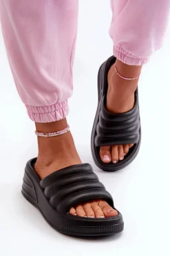 Lekkie Piankowe Klapki Damskie Na Koturnie I Platformie Czarne Tendrea