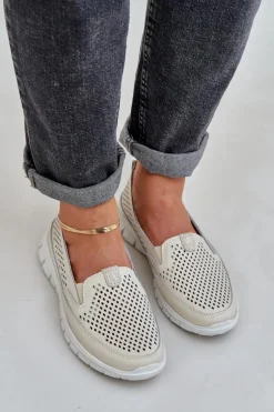 Lekkie Skórzane Ażurowe Mokasyny Damskie Na Platformie Beżowe Tanelora