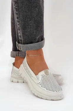 Lekkie Skórzane Ażurowe Mokasyny Damskie Na Platformie Białe Tanelora