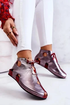 Lekkie Skórzane Botki Maciejka 03426-20 Srebrno-Czerwone