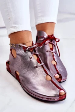 Lekkie Skórzane Botki Maciejka 03426-20 Srebrno-Czerwone