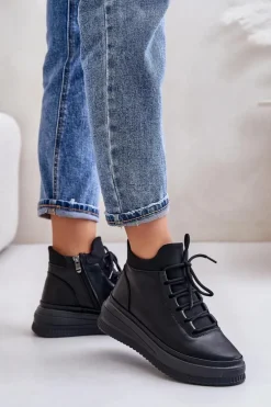 Lekkie Skórzane Buty Sportowe Na Platformie Artiker 55C1041 Czarne